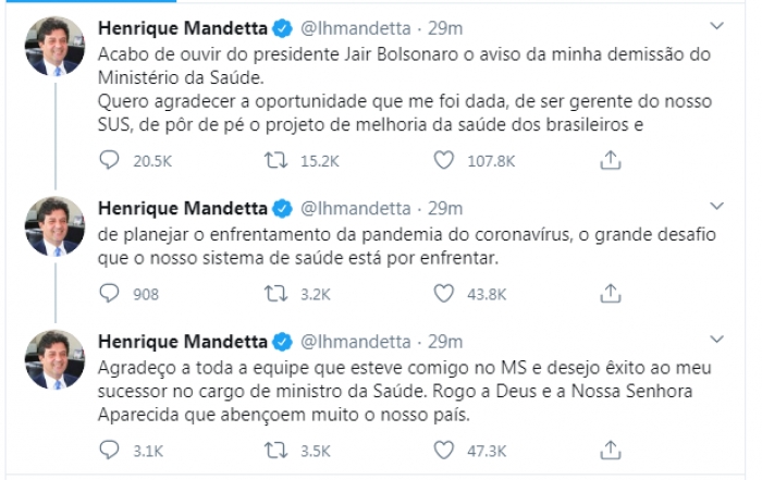 O Presidente Jair Bolsonaro demitiu o ministro da Saúde, Luiz Henrique Mandetta